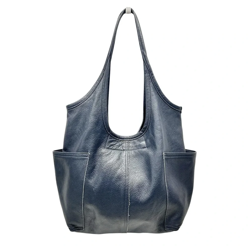 Rough and Tumble Leather Hobo Slouch Tote Bag Blue Pockets Made in Maine - Picture 1 of 16